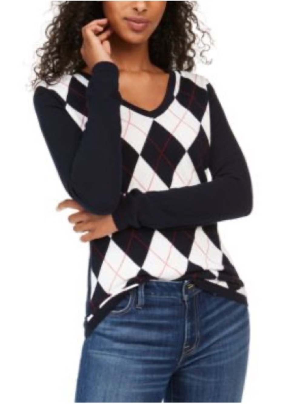 Tommy Hilfiger Women's Long Sleeve Navy Argyle V-Neck Sweater Size M